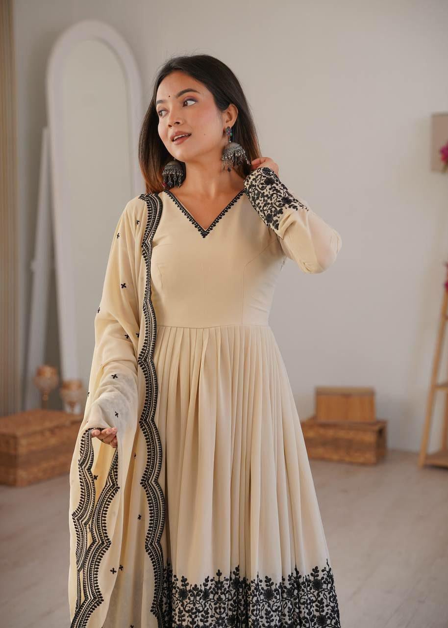 Embroidered Faux Georgette Kurta Set with Palazzo and Dupatta, Festive Indian Ethnic Wear
