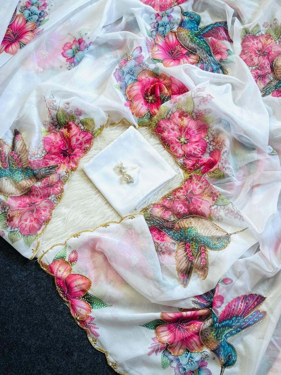 Floral Sparrow Print Soft Tabby Silk Saree, Khatli Cut Dana Handwork, Jalpari Blouse