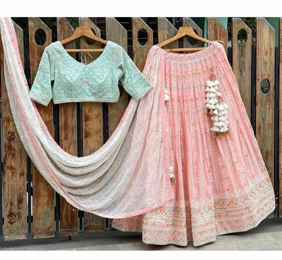 Embroidered Faux Georgette Lehenga Choli Set with Dupatta, Bridal Wedding Wear