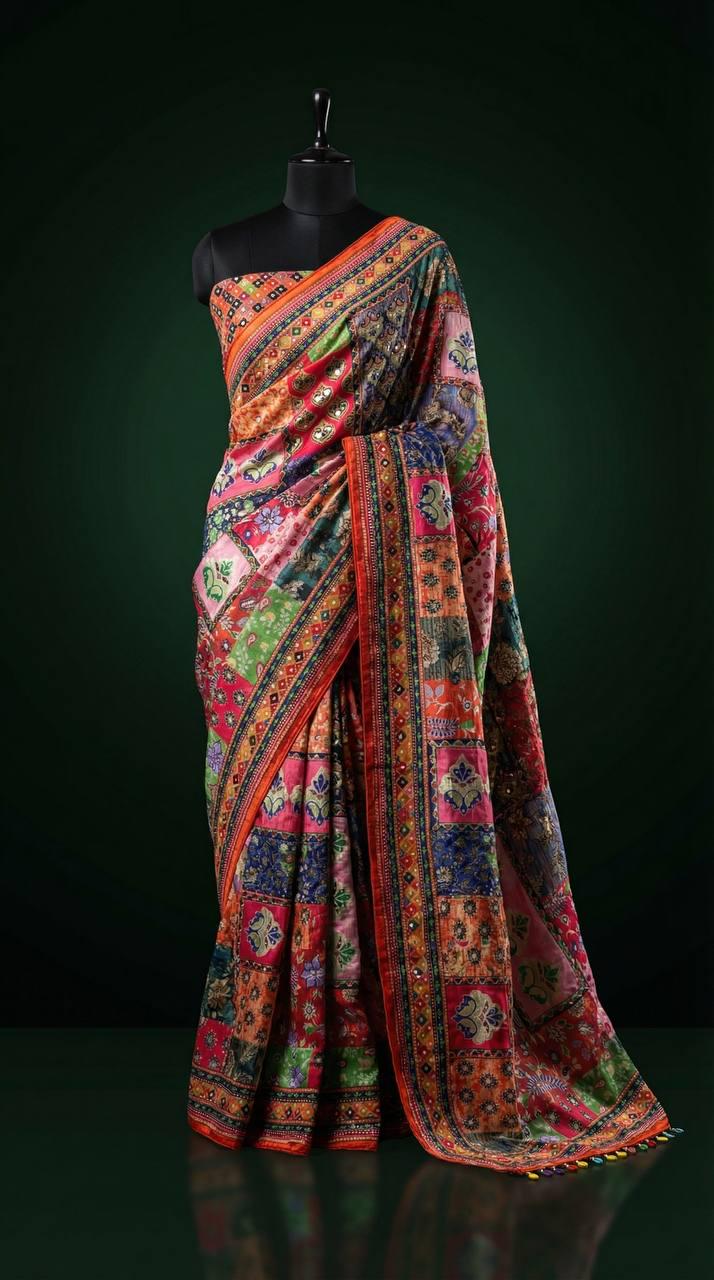 Ajrakh Print Roman Silk Saree, Real Mirror Work, Designer Ethnic Party Wear Blouse