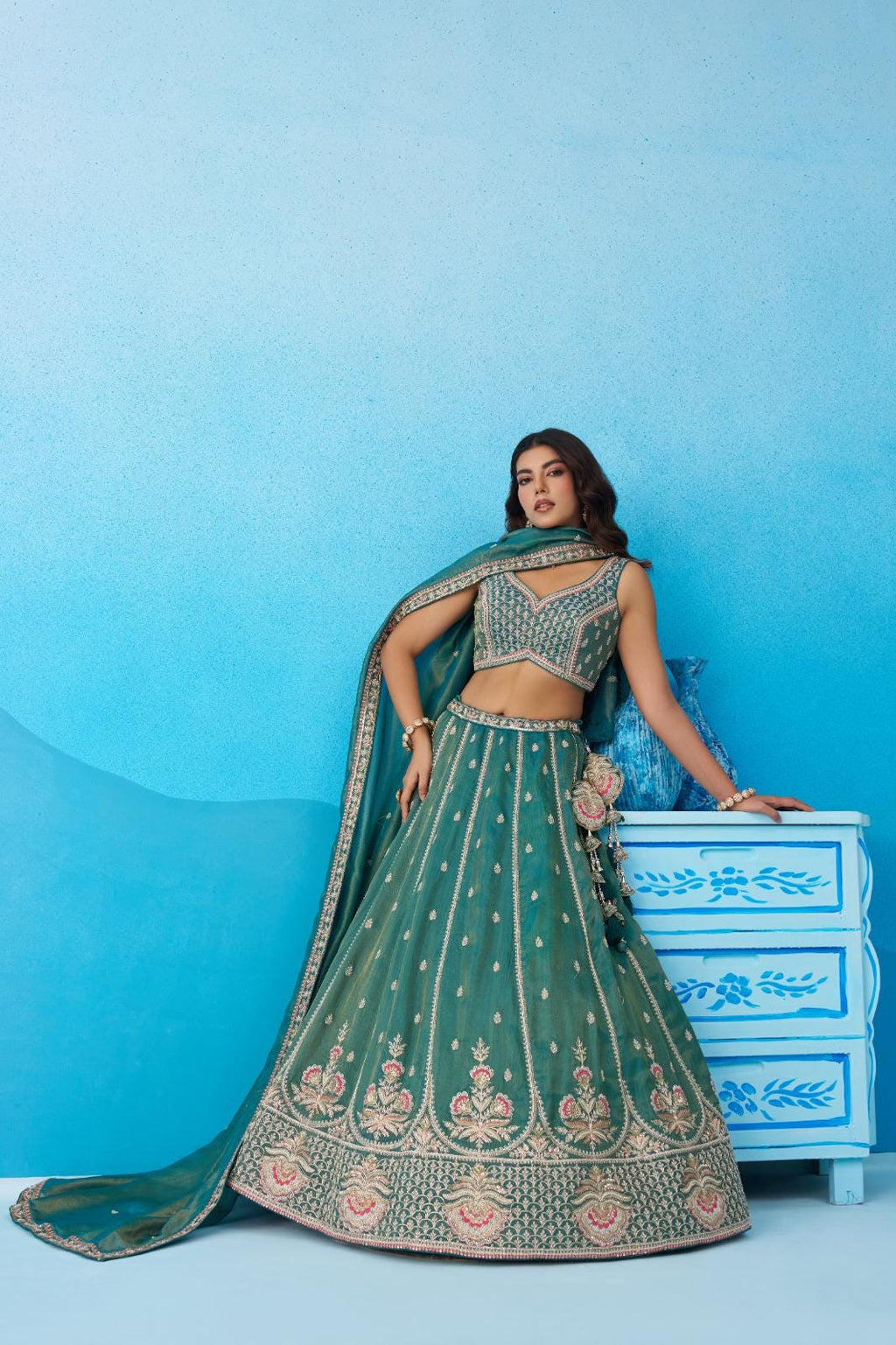 Teal Tissue Lehenga Choli Set, Beads Sequins Embroidery, Indian Wedding Outfit