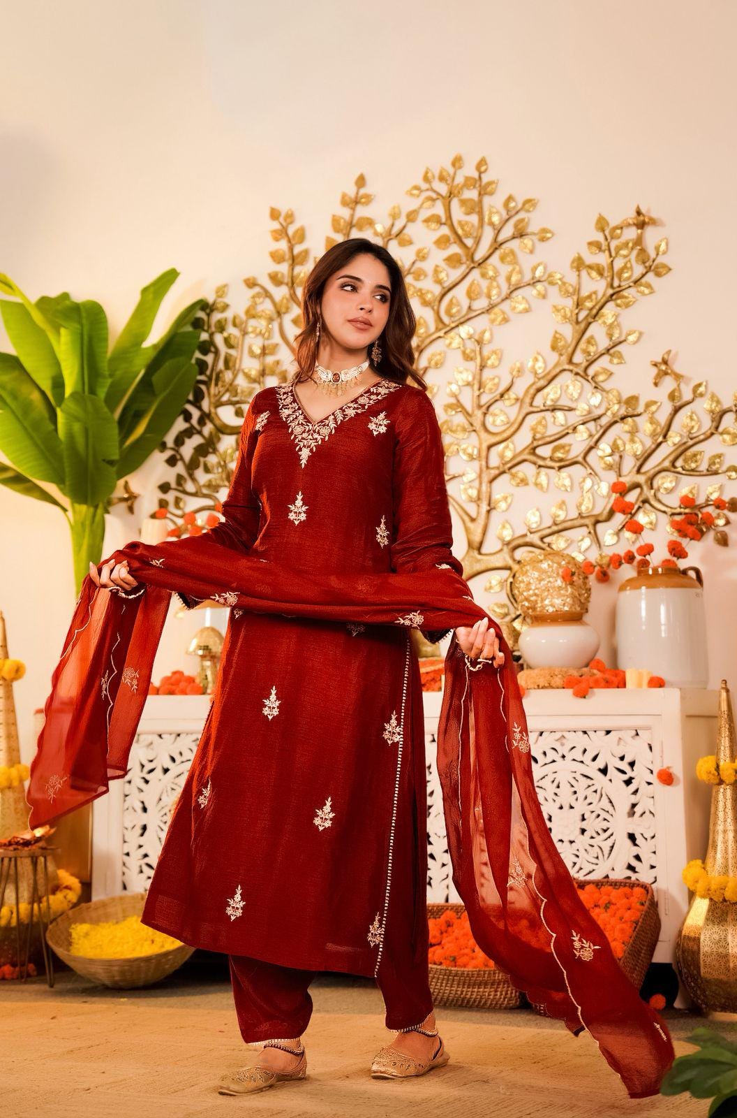 Vichitra Silk Embroidered Kurti Pant Set with Dupatta, Festive Ethnic Wear (M-3XL)