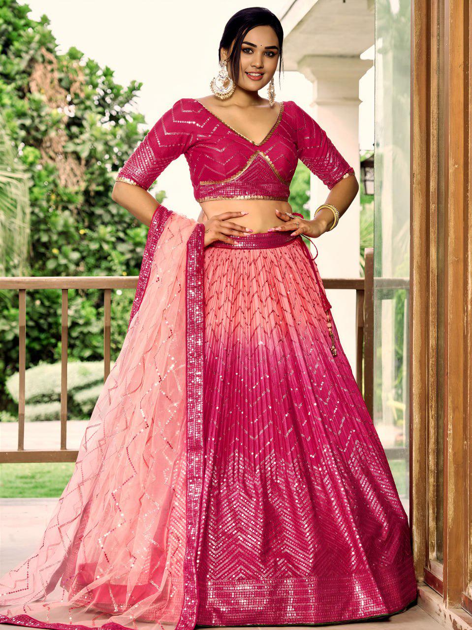 Pink Chinnon Lehenga Choli Set | Sequin Embroidered Wedding A-Line Lehenga, Soft Net Dupatta