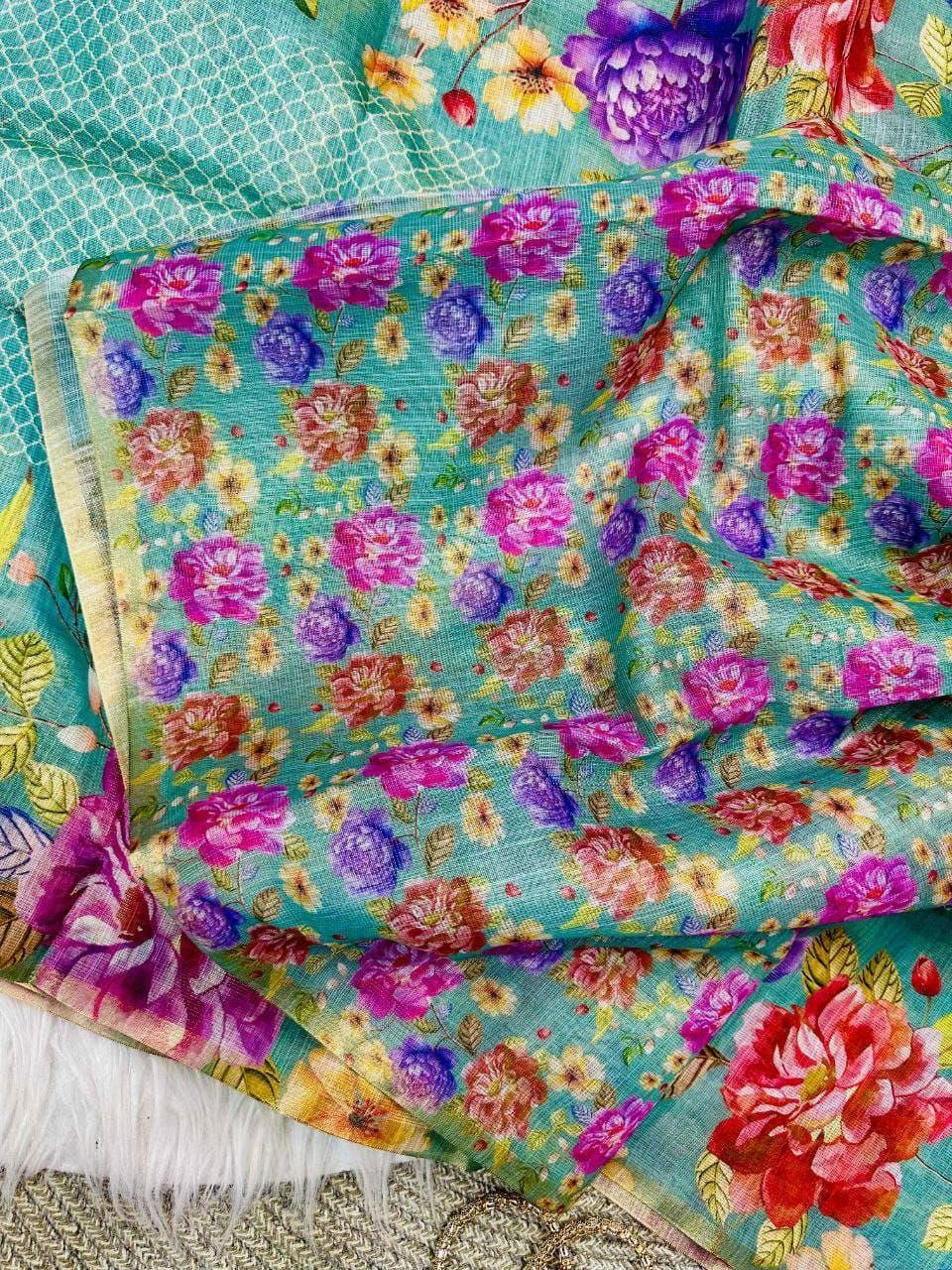 Linen Tissue Floral Print Saree with Running Blouse, Lightweight Casual Ethnic Wear