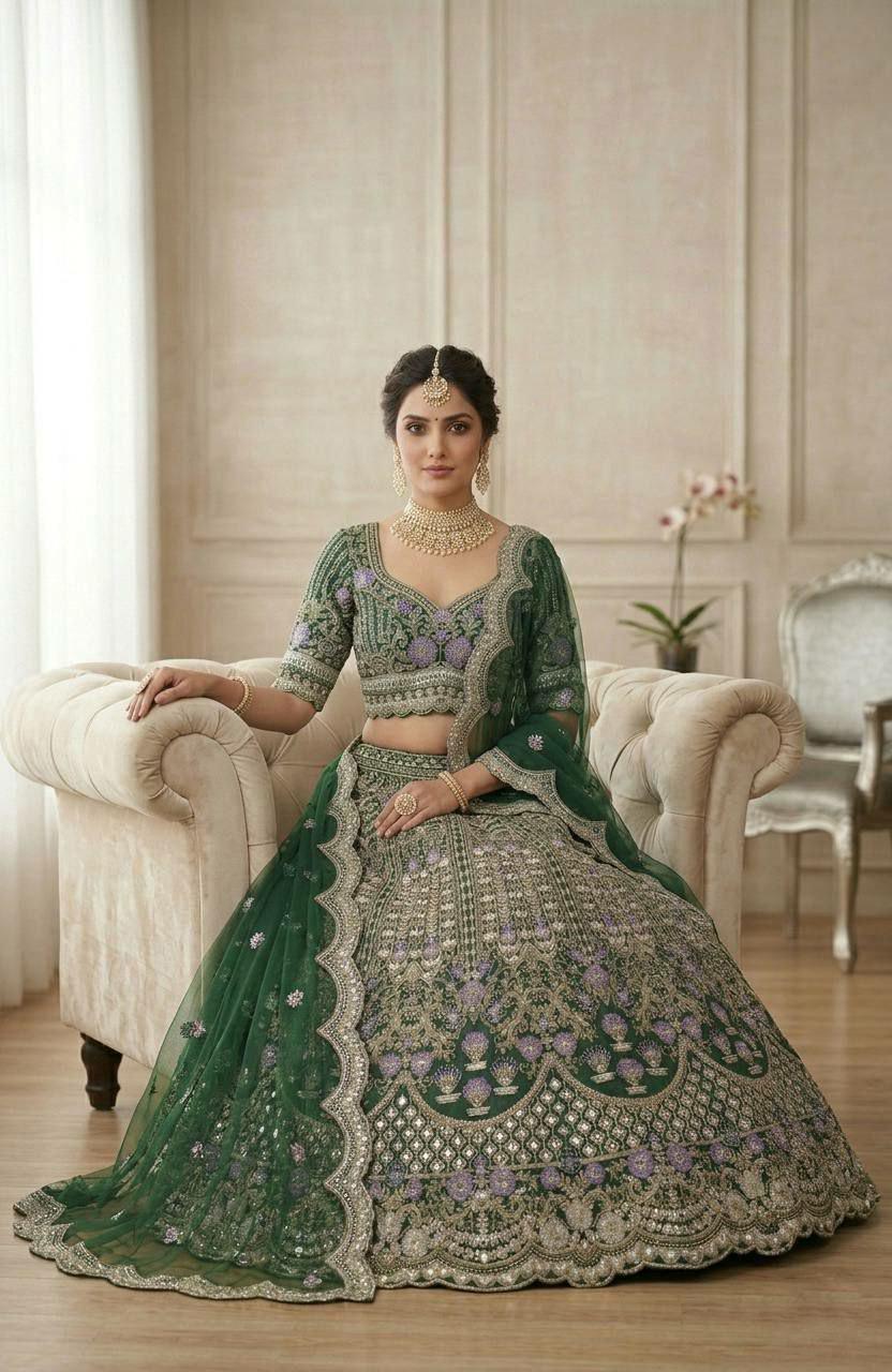 Mono Satin Silk Lehenga Choli, Sequins Cut Work, Butterfly Net Dupatta, Wedding Party Wear