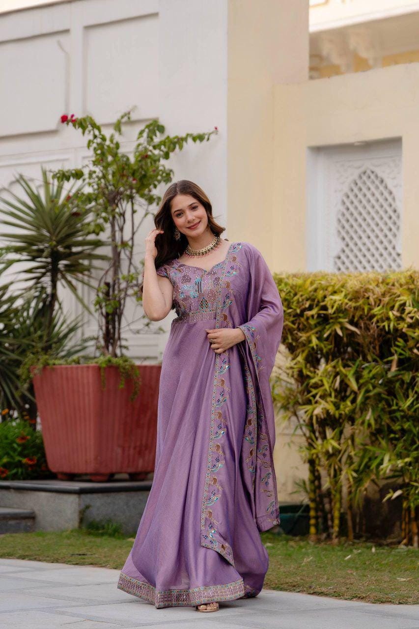 Vichitra Silk Embroidered Gown with Dupatta, Festive Party Wear Ethnic Dress