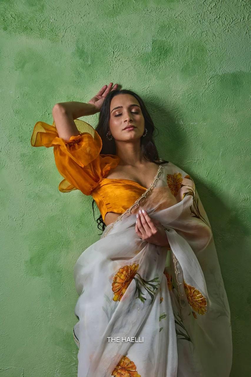 Soft Tabby Floral Sparrow Print Lehenga Choli | Handwork Cutdana Indian Wedding Wear