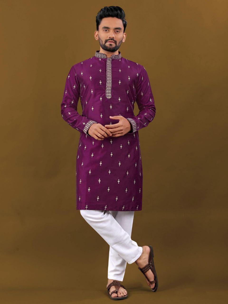 Men's Matka Silk Kurta Pajama Set | Silver Zari Embroidered Buti, Festive Wear