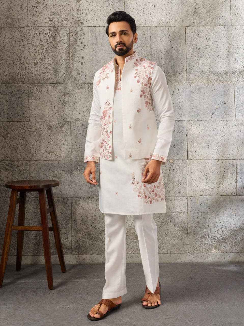 Art Silk Kurta Koti Pant Set | Mirror Work Embroidery Festive Wear