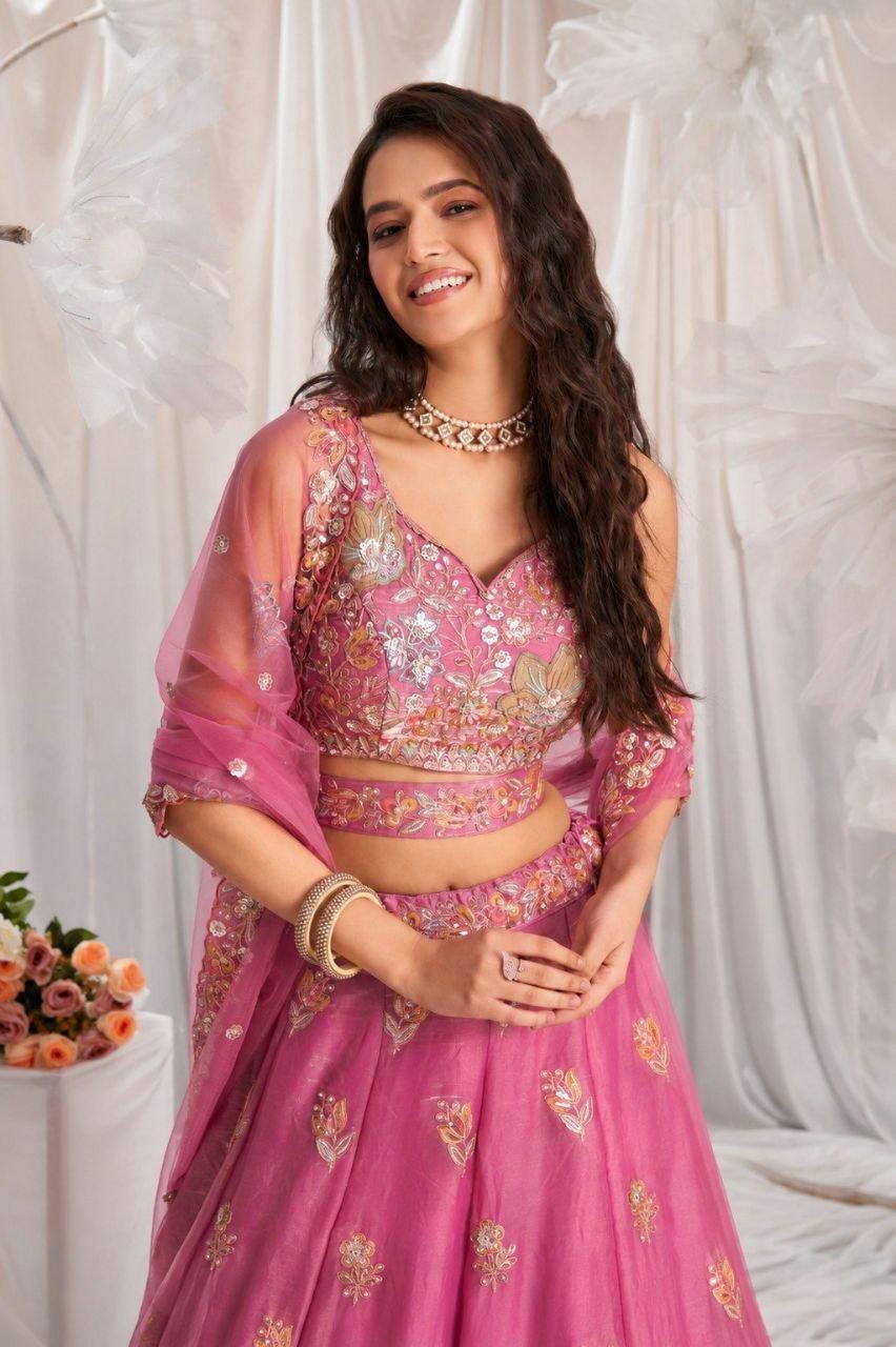 Fandy Lehenga Choli, Zari Sequin Embroidery, Semi-Stitched Wedding Guest Dress, Net Dupatta