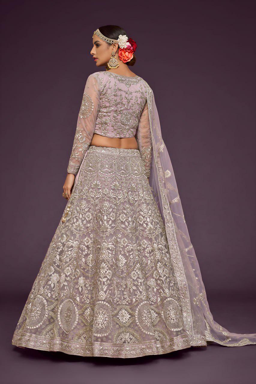 Lavender Net Lehenga Choli Set, Zari Badla Glitter Embroidery, Semi-Stitched Wedding Dupatta