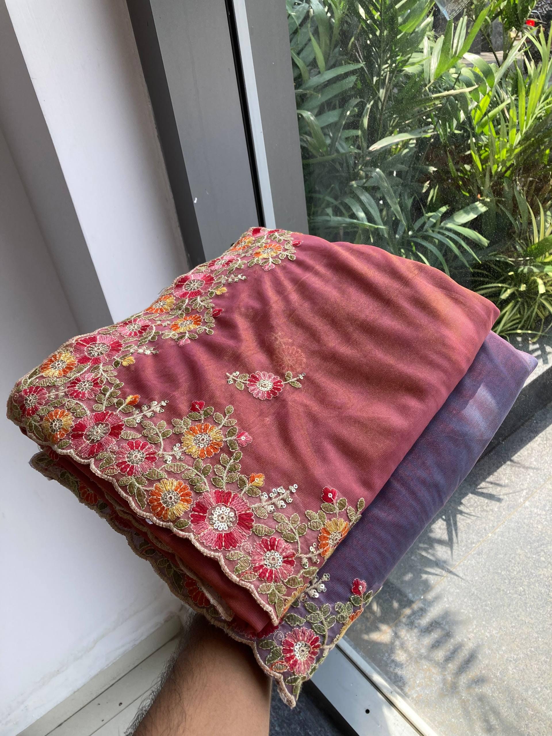 Twill Net Saree Multi Embroidery Cutwork Border | Designer Wedding Saree | Banglory Silk Blouse Piece