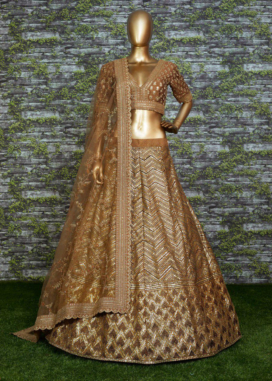 Antique Gold Slub Silk Lehenga Choli, Zari Dori Sequins Embroidery, Bridal Wedding Net Dupatta