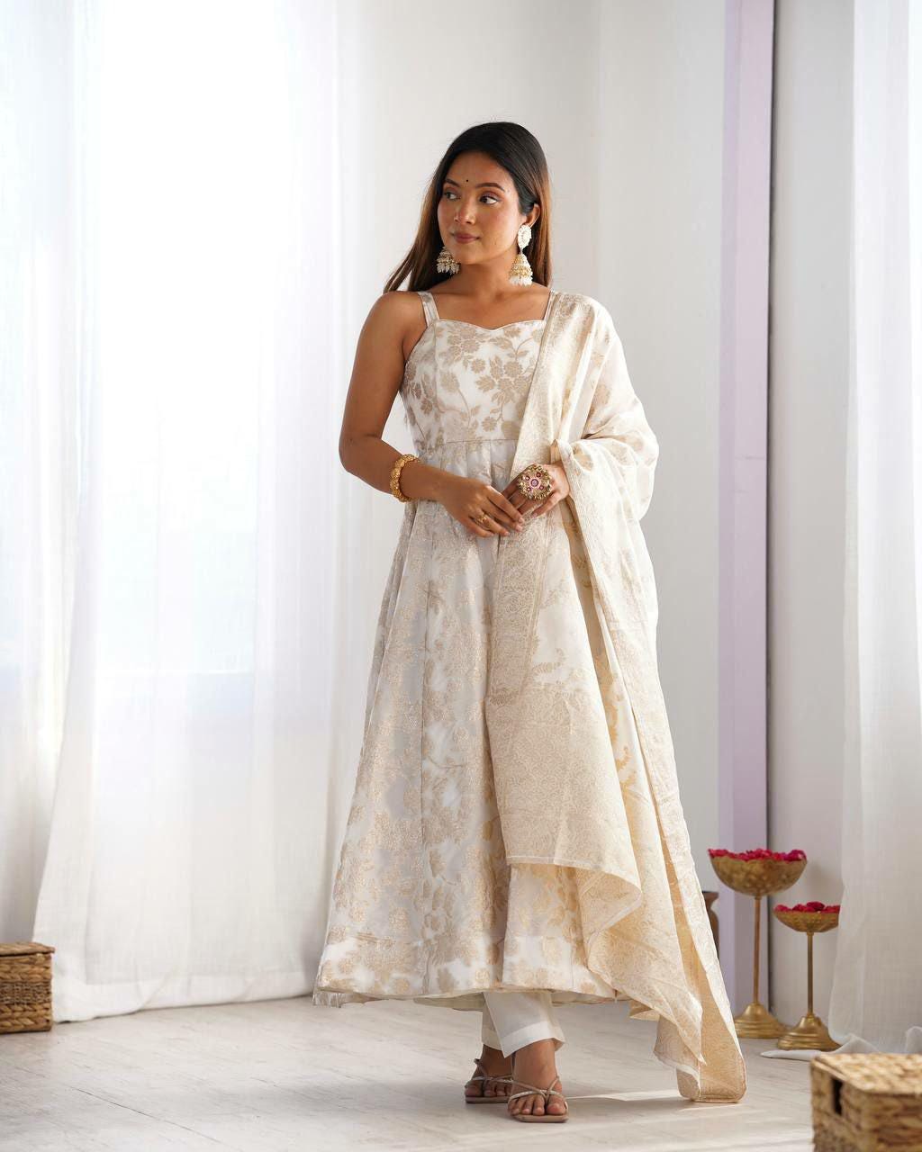 Vichitra Silk Embroidered Gown with Dupatta, Festive Party Wear Ethnic Dress