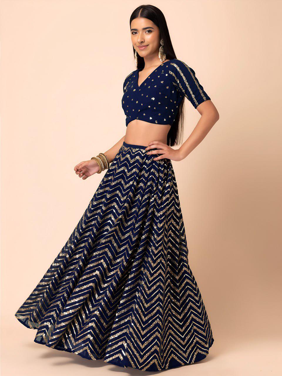 Deep Navy Georgette Lehenga Choli Set | Sequin Embroidered Wedding Party Wear (Semi-Stitched)