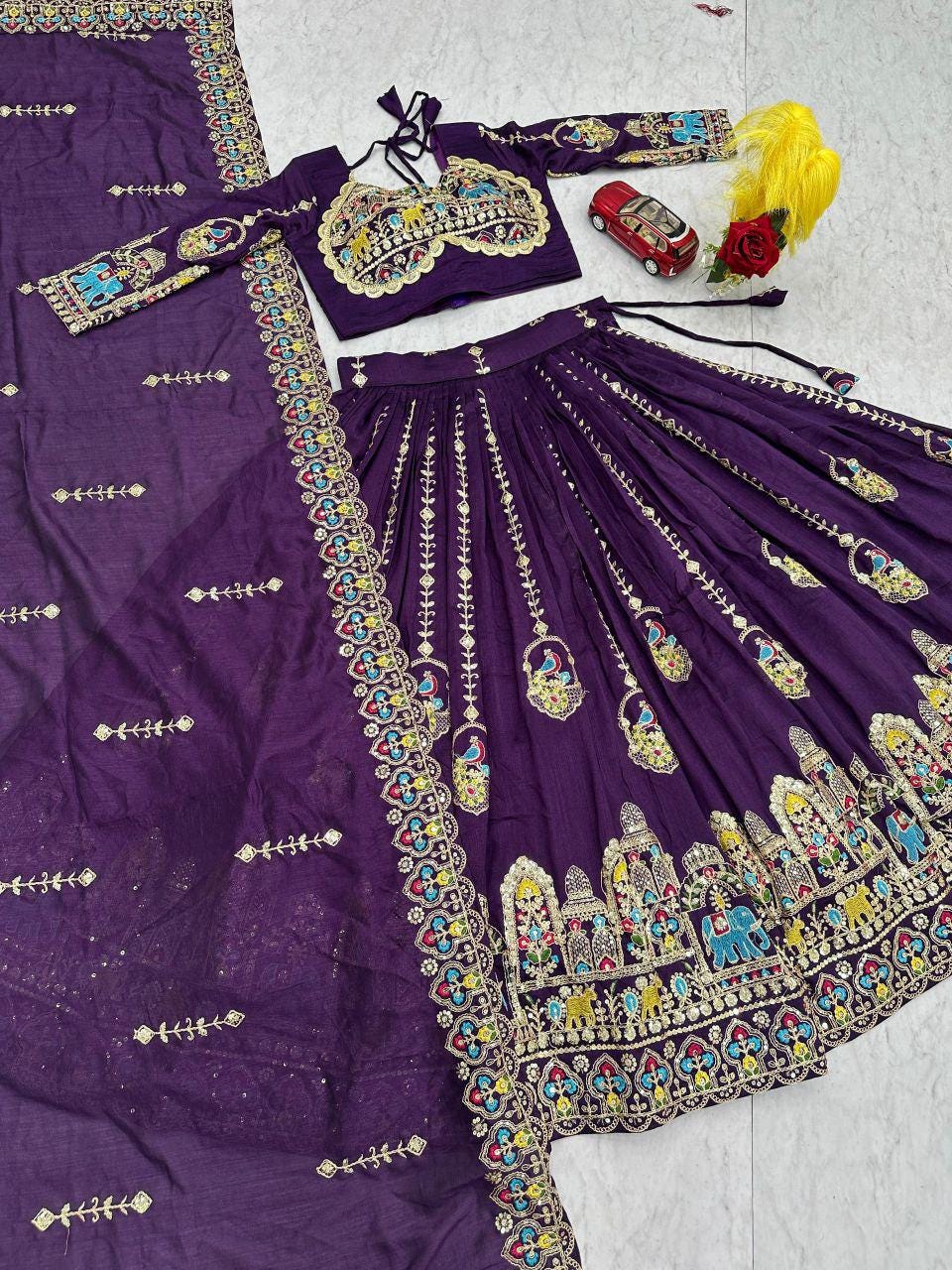 Pure Vichitra Lehenga Choli Set, Heavy Embroidery, Festive Wedding Wear