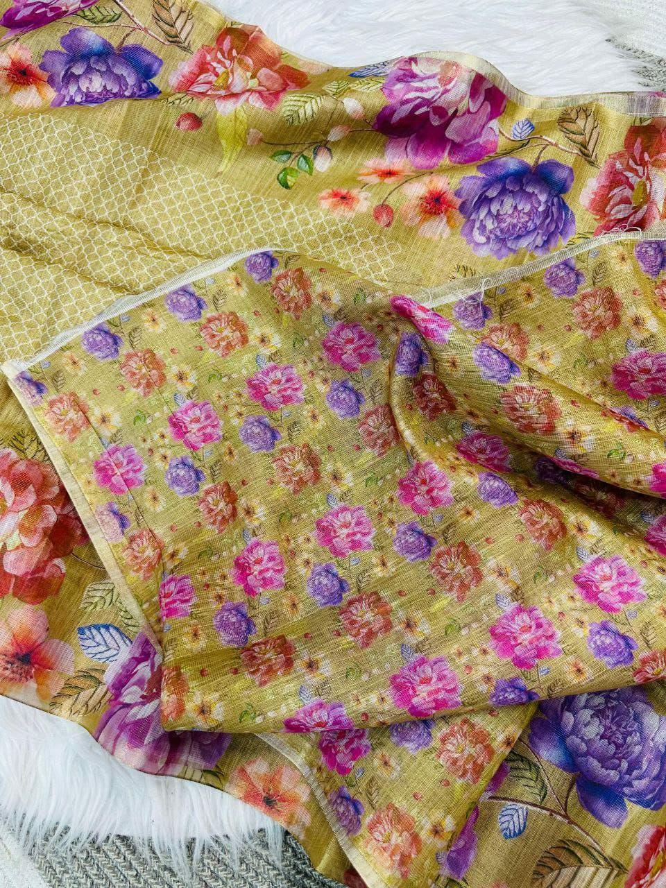 Linen Tissue Floral Print Saree with Running Blouse, Lightweight Casual Ethnic Wear