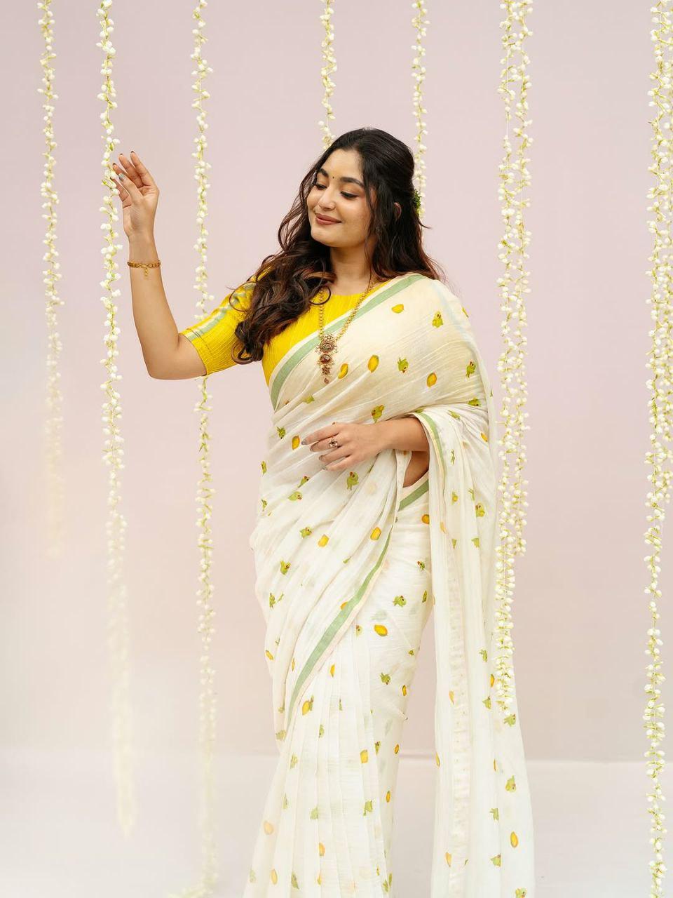 Linen Saree, Mango Parrot Digital Print, Festive Casual Indian Wear, Tassels, Blouse Piece