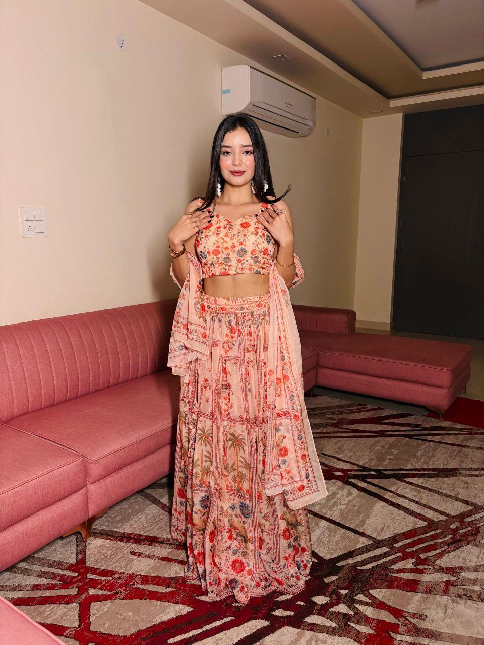 Pastel Floral Organza Lehenga Choli Set | Digital Print Padded Blouse, Party Wear
