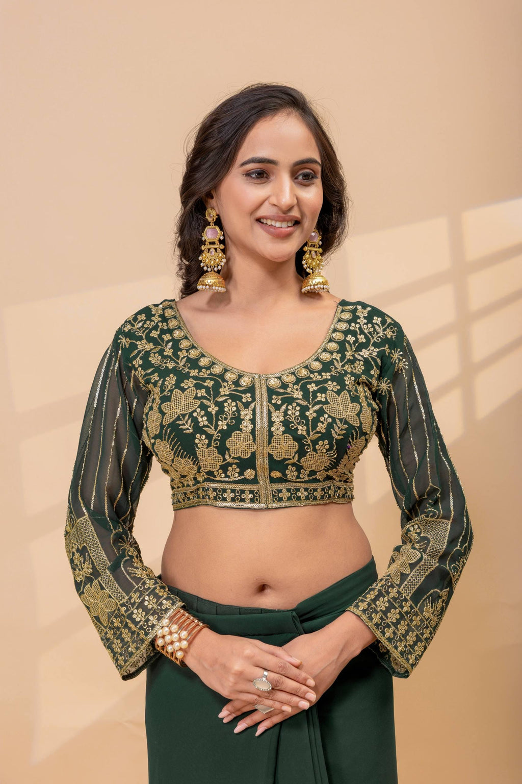 Ready-to-Wear Faux Georgette Saree with Embroidery, Stitched Blouse