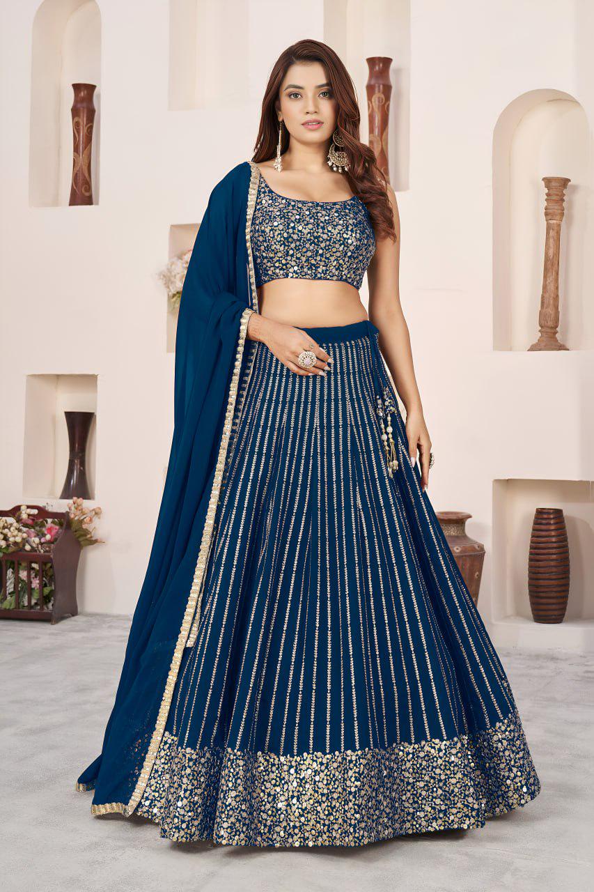 Navy Blue Georgette Lehenga Choli Set | Zari Sequins Embroidery, A-Line (Semi-Stitched)