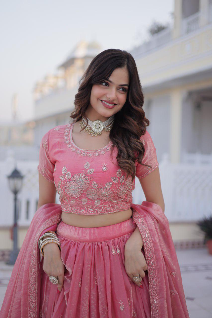 Fendi Silk Lehenga Choli Set, Sequins Zari Embroidery, Fully Stitched Wedding Outfit