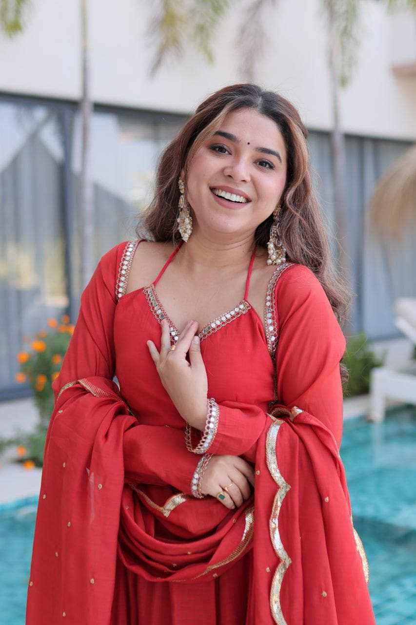 Mul Chanderi Anarkali Kurti Set, Mirror Lace Work, Roman Silk Pant, Embroidered Dupatta