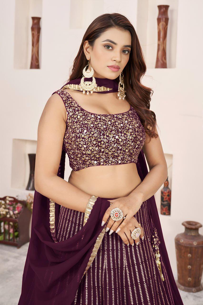 Wine Georgette Lehenga Choli Set | Zari Sequins Embroidery, A-Line Party Wear