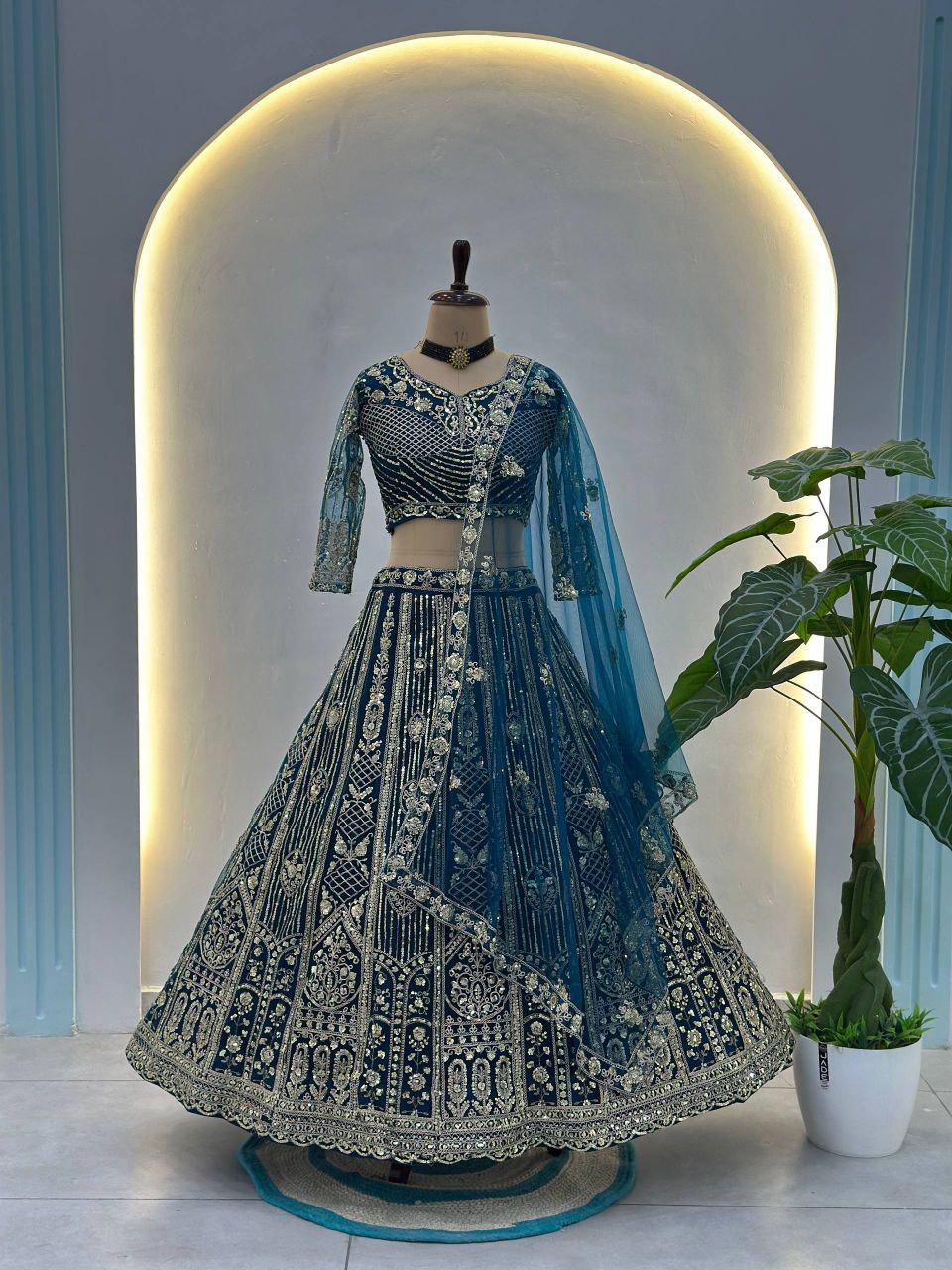 Butterfly Net Lehenga Set, Sequins Cording Embroidery, Bridal Wedding Festive Wear