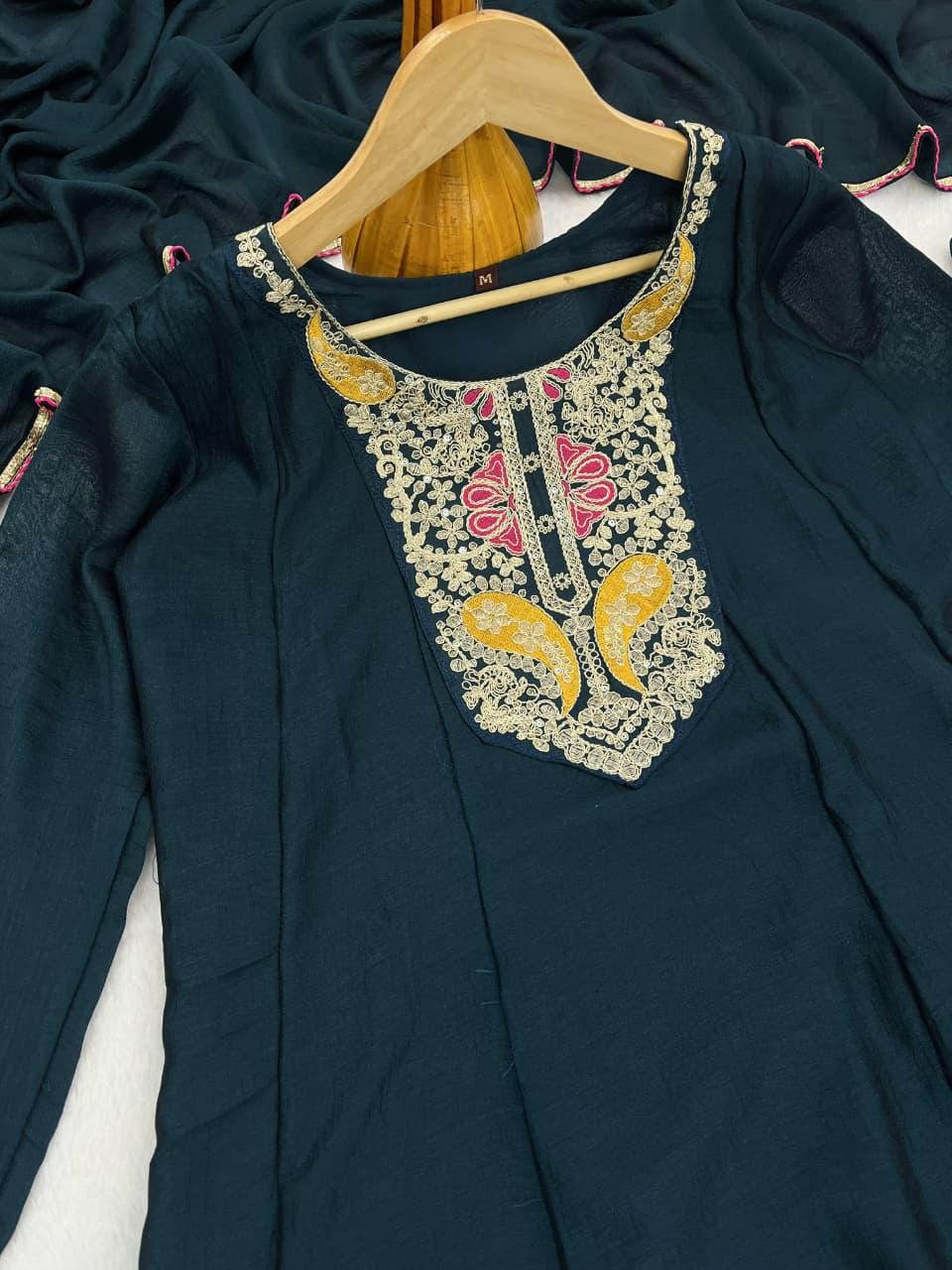 Embroidered Vichitra Silk Kurta Set with Dupatta, Festive Ethnic Party Wear Indian Outfit