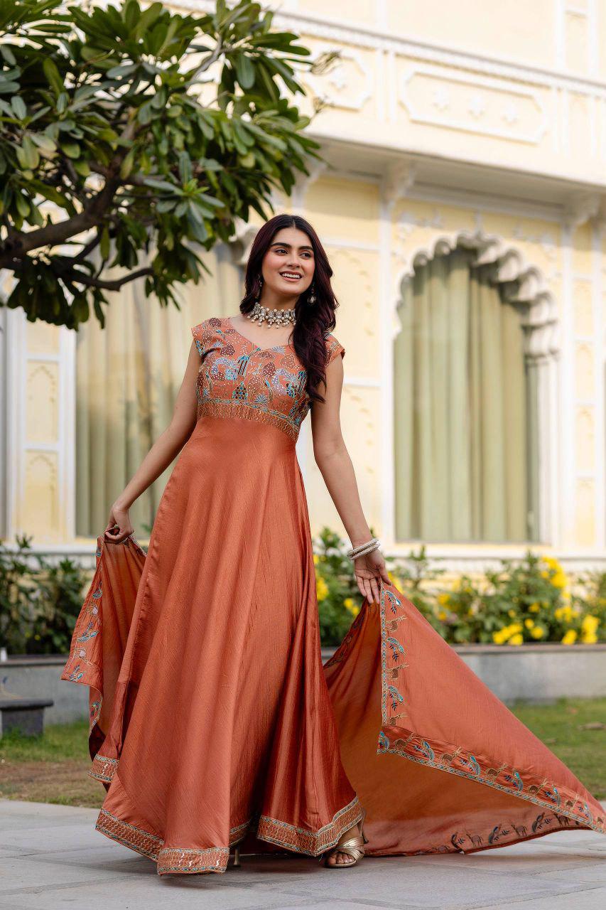Vichitra Silk Embroidered Gown with Dupatta, Festive Party Wear Ethnic Dress