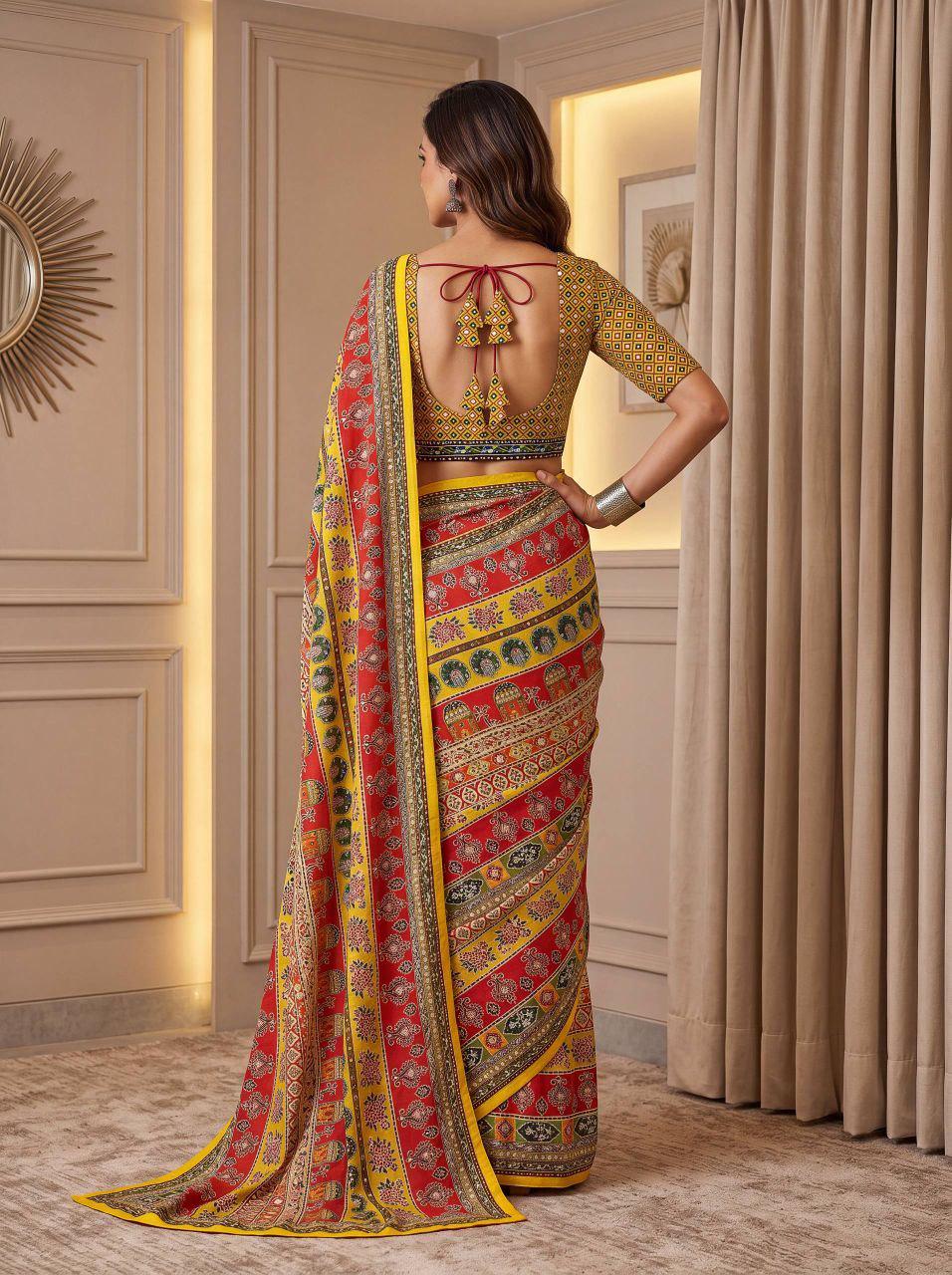 Chinon Ajrak Print Saree with Real Mirror Work | Festive Indian Wedding Wear (Unstitched Blouse)
