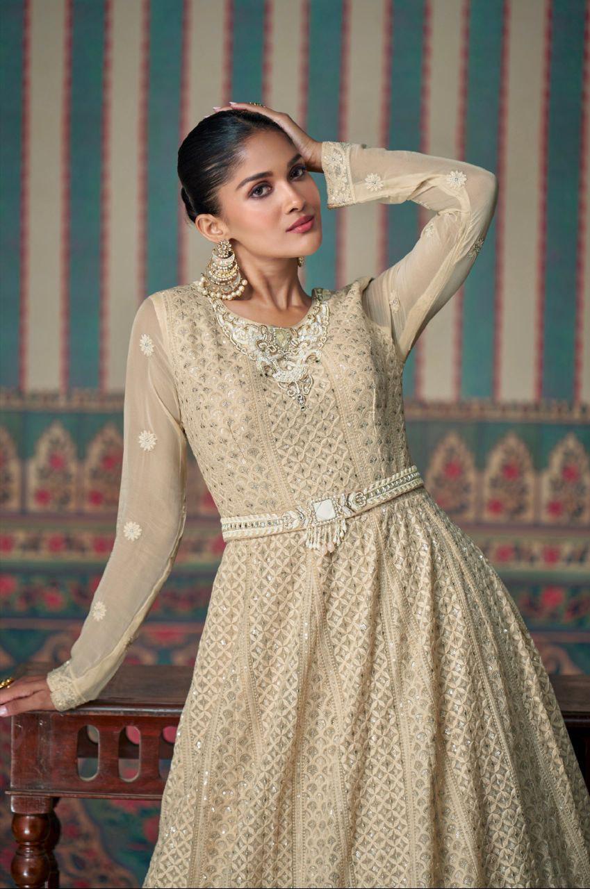 Cream Embroidered Faux Georgette Gown with Dupatta, Festive Party Wear Indian Dress