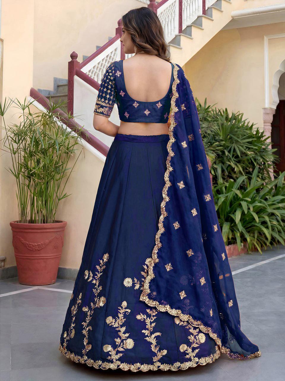 Navy Blue Rangoli Silk Lehenga Choli Set | Zari Dori Sequins Embroidery, Festive Outfit