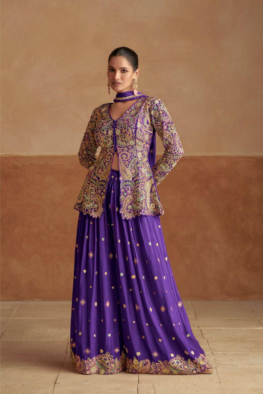 Embroidered Chinon Palazzo Salwar Suit Set, Festive Party Wear Outfit