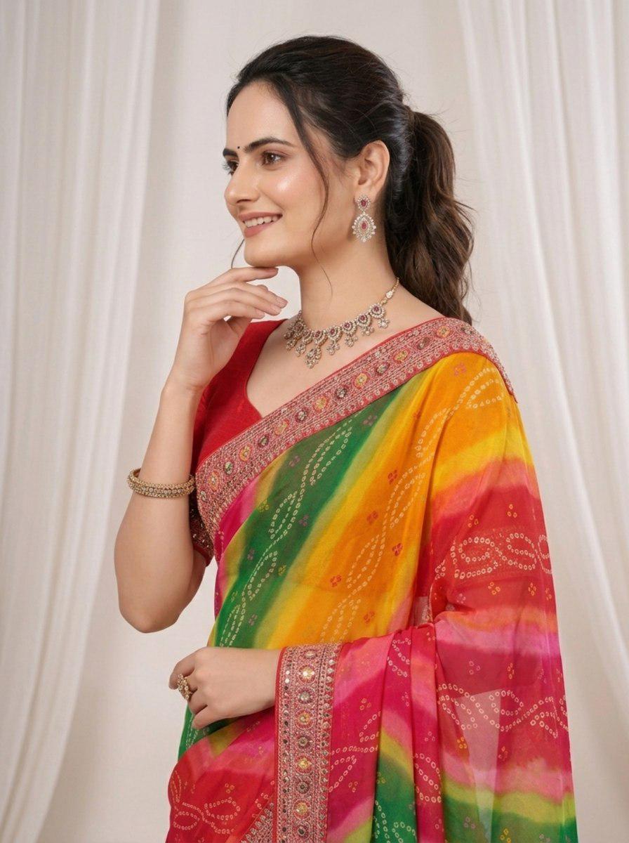Digital Print Georgette Saree | Embroidered Lace Border, Silk Blouse (Digital Download)