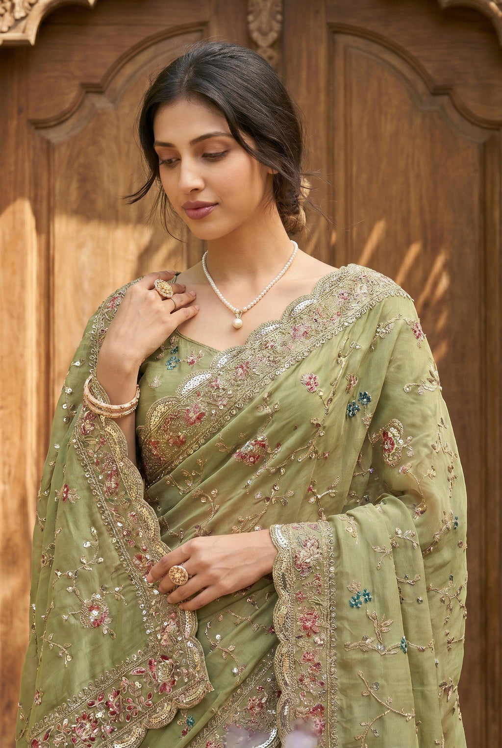 Embroidered Star Georgette Saree | Cutwork Border, Banglory Silk Blouse