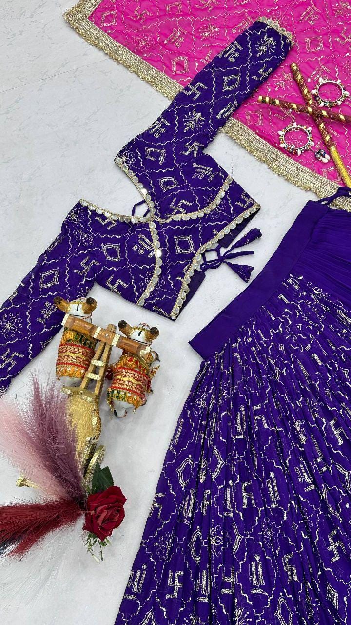 Embroidered Fox Georgette Lehenga Choli Set | 6 Meter Flare, Mirror Lace, Navratri Garba Outfit