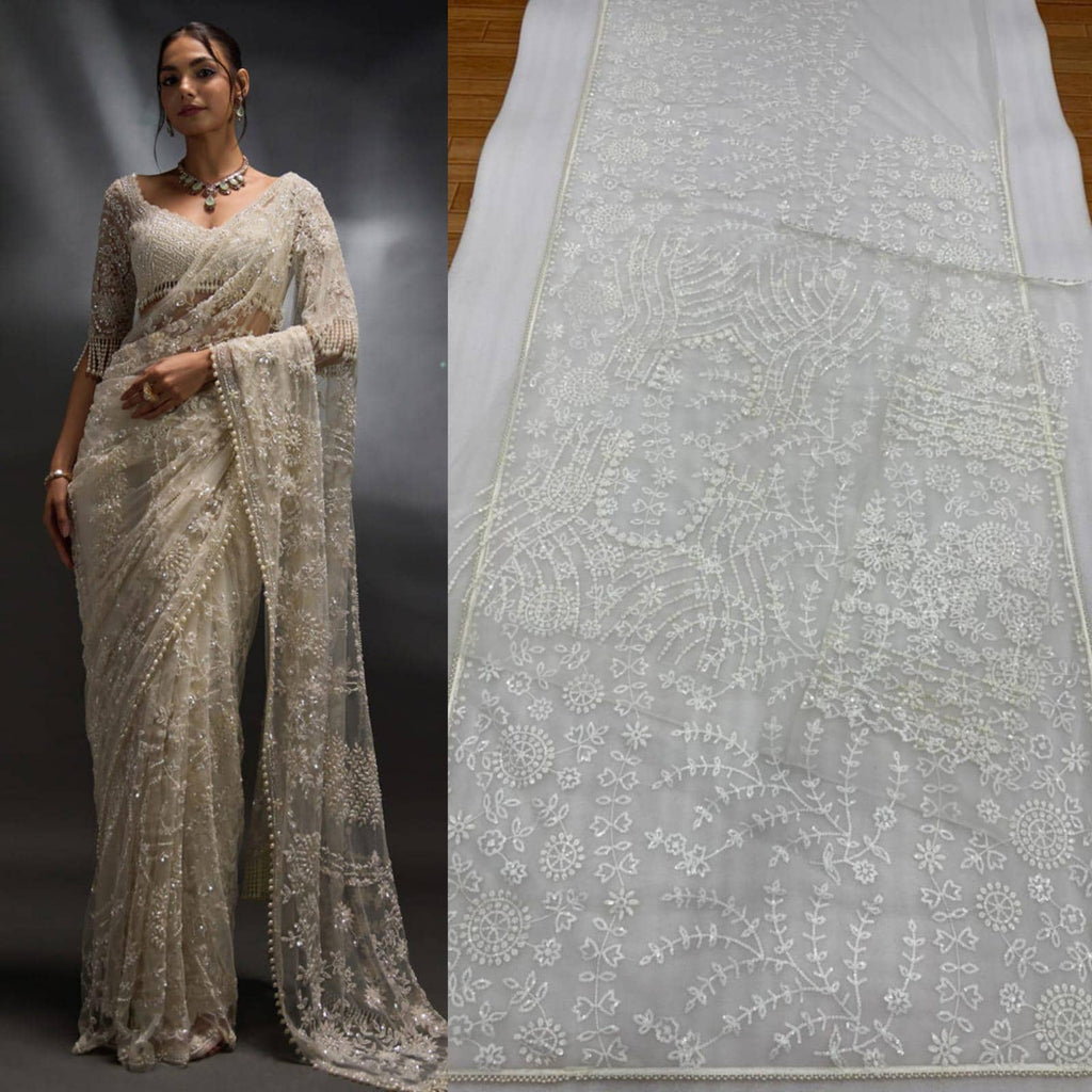 Heavy Sequins Embroidered Mono Net Saree with Pearl Border, Designer Blouse Included