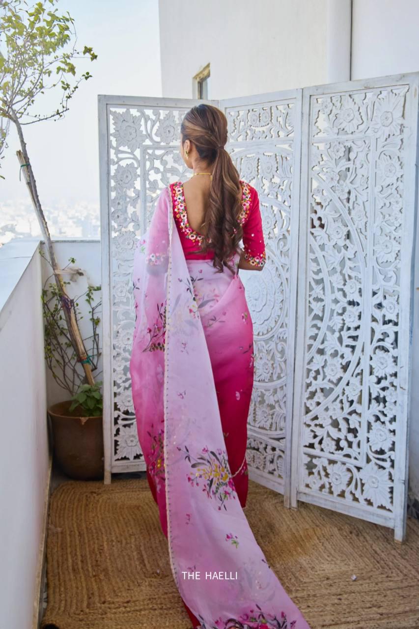 Floral Print Tabi Saree with Cut Dana Handwork, Chinon Blouse, Summer Party Wear