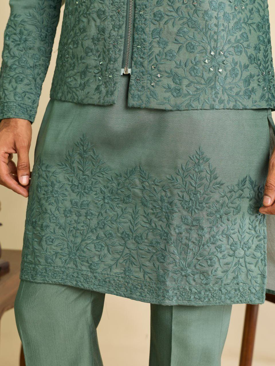 Art Silk Kurta Koti Set | Real Mirror Multi Thread Embroidery Wedding Outfit
