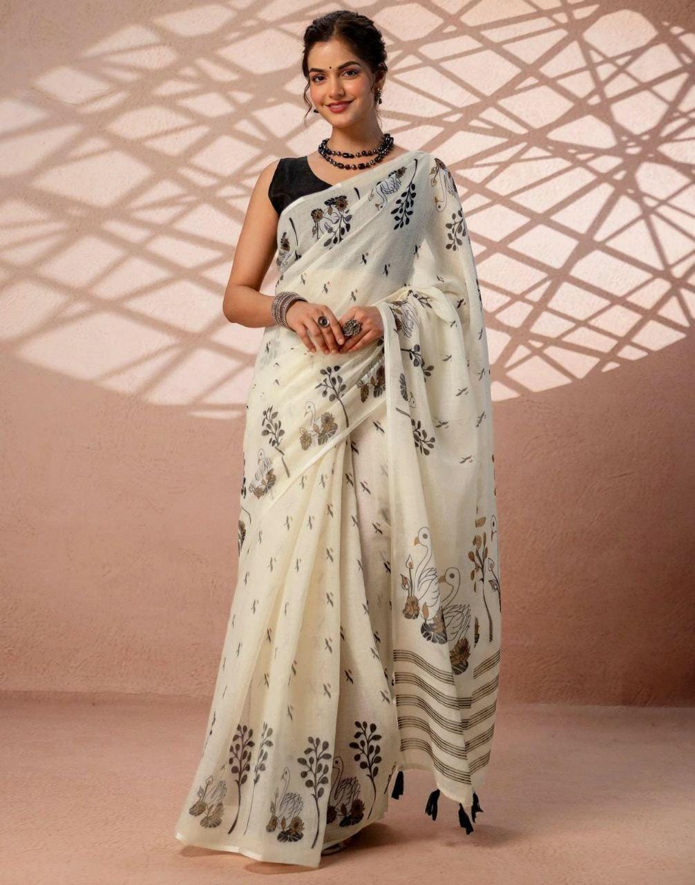 Soft Linen Cotton Printed Saree with Tassel Pallu | Lightweight Indian Saree (Unstitched Blouse Piece)