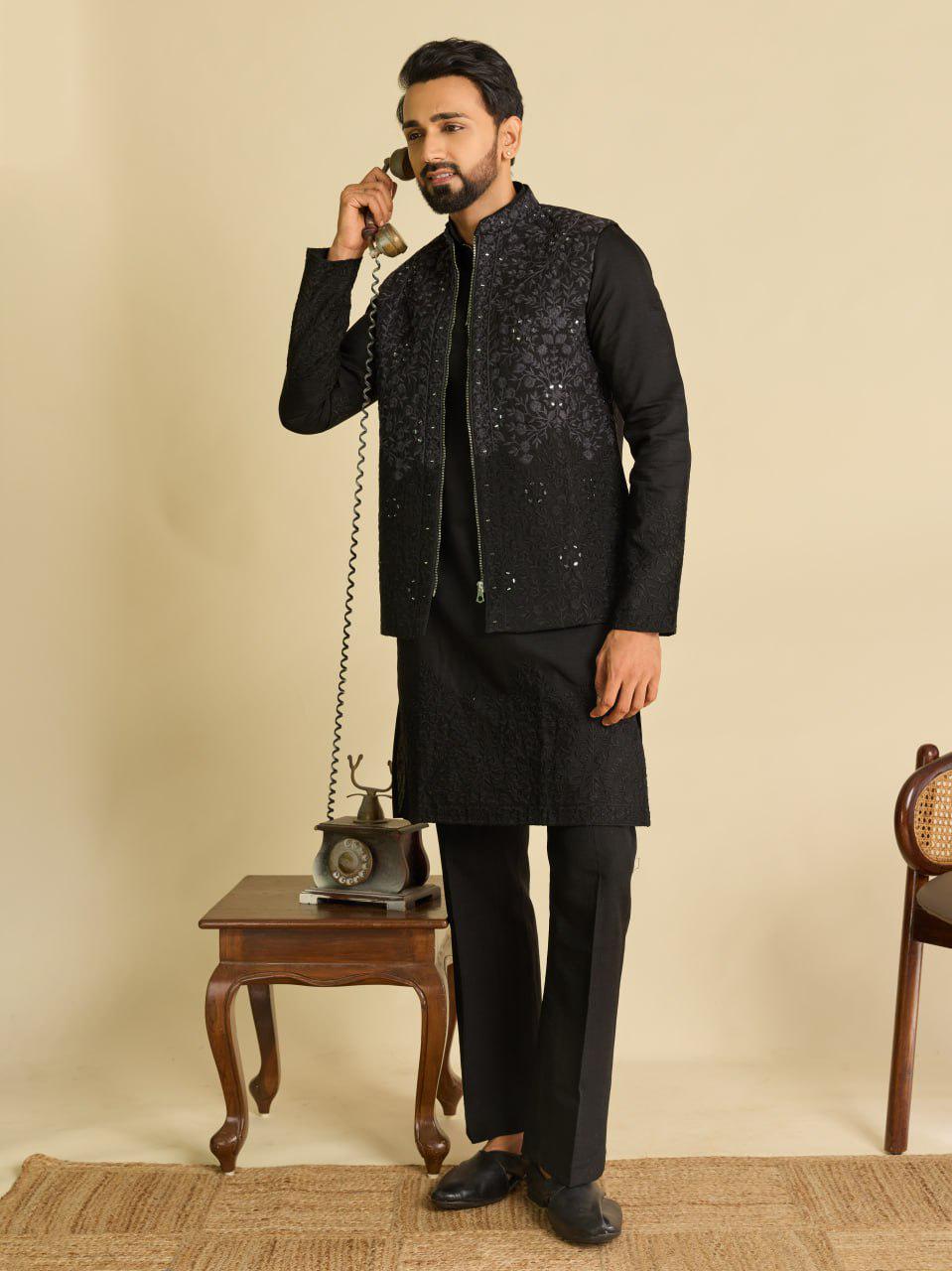 Art Silk Kurta Koti Set | Real Mirror Multi Thread Embroidery Wedding Outfit