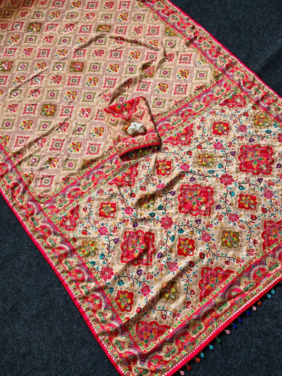 Roman Silk Ajrakh Saree, Real Mirror Work, Festive Wedding Wear, Ethnic Designer Sari