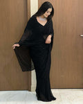 Black Crepe Saree, Printed Design, Party Wear, Festive Occasion, Unstitched Blouse