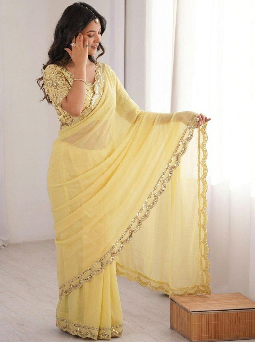 Moss Chiffon Saree, Sequins Lace Border, Embroidered Banglory Silk Blouse, Festive Party Wear