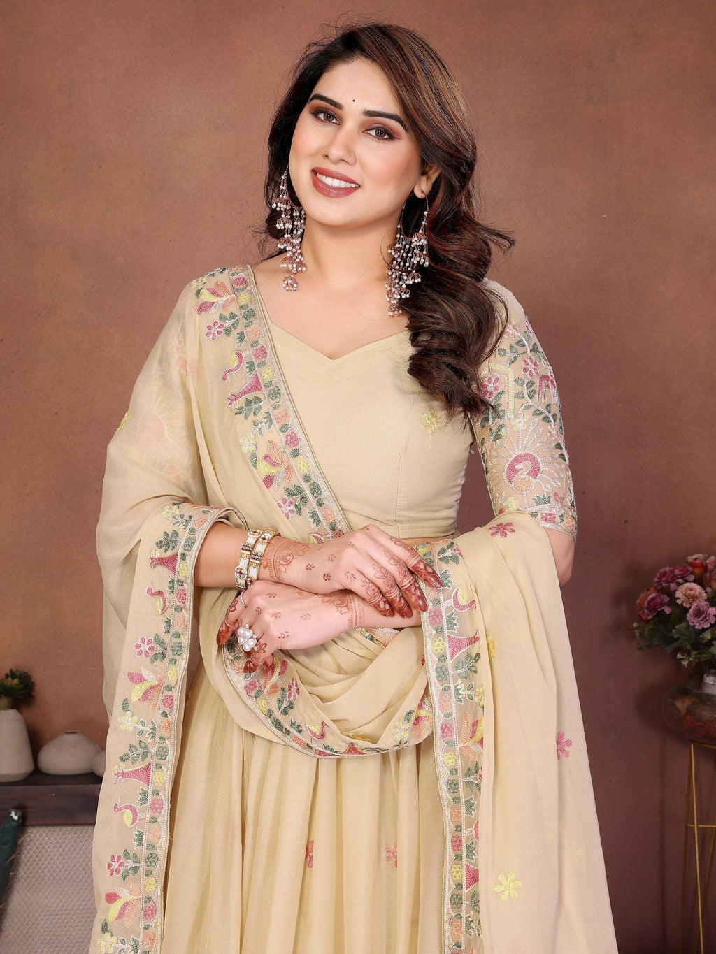 Embroidered Star Georgette Lehenga Choli Set | Ready-to-Wear Bridal Indian Wedding Wear Dupatta Cutwork Border
