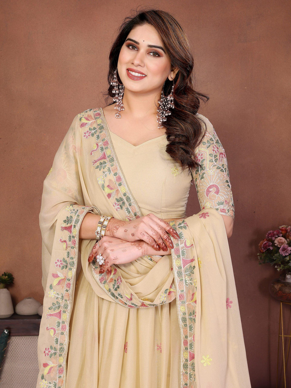 Embroidered Star Georgette Lehenga Choli Set | Ready-to-Wear Bridal Indian Wedding Wear Dupatta Cutwork Border