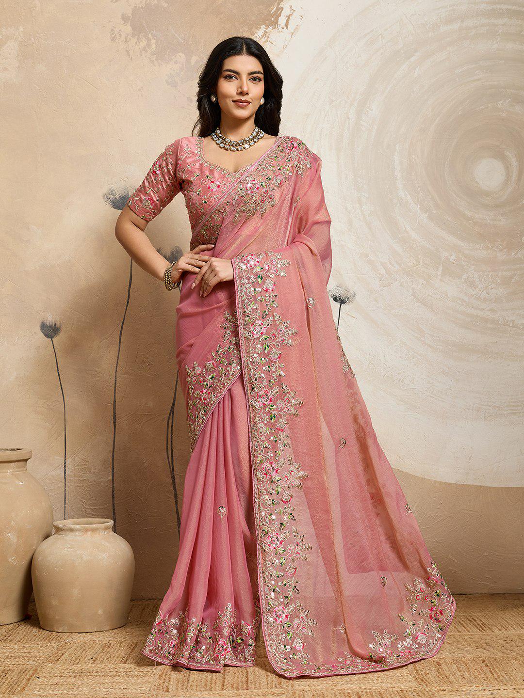 Moss Chiffon Embroidered Saree, Cutwork Border, Banglory Silk Blouse, Festive Wear
