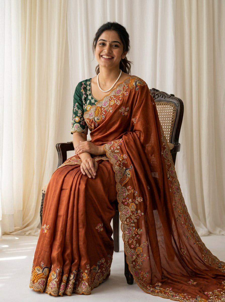 Rangoli Silk Saree | White Coding, Multi Embroidery, C-Pallu, Cutwork Border, Unstitched Blouse